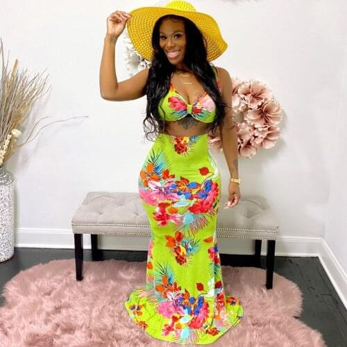 Floral Print Vintage Two Piece Dress Set Summer Outfits for Women Sleeveless Beachwear Tank Top and Mermaid Maxi Skirt Fashion