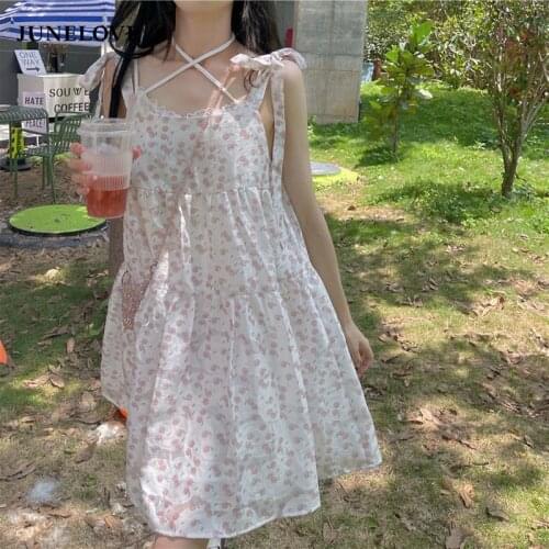 JuneLove Kawaii Strap Floral Women Dresses Summer 2021 Korean Fashion Print Sweet Dress Sleeveless Lace Outdoor Casual Sundress