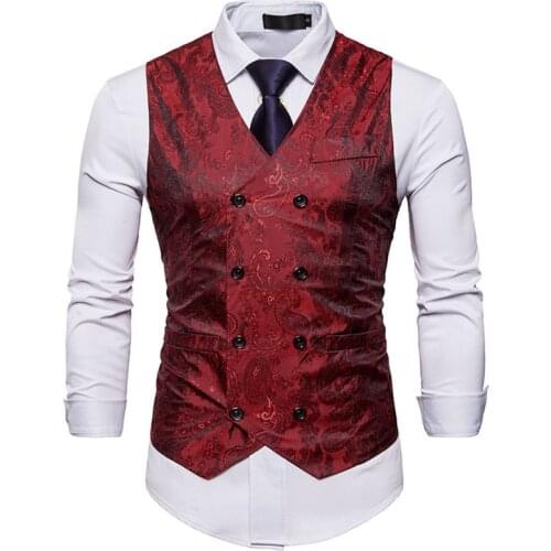 Red Paisley Vest Men 2020 Brand New Slim Fit Double Breasted Mens Vest Formal Business Sleeveless Waistcoat Men Chaleco Hombre