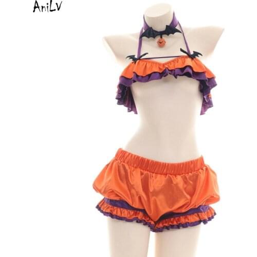 AniLV Halloween Pumpkin Bikin Swimsuit Costume Student Girl Bat Bell Swimwear Uniform Sleepwear Lingerie Pool Party Cosplay