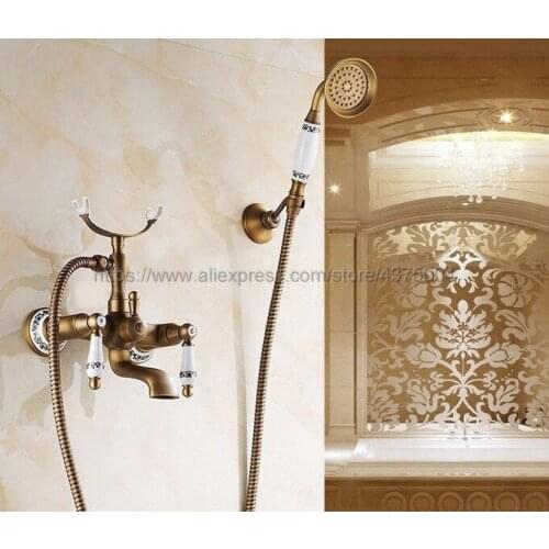 Antique Brass Wall Mount Telephone Euro Bath Tub Faucet Mixer Tap w/ Handheld Spray Shower Ntf308