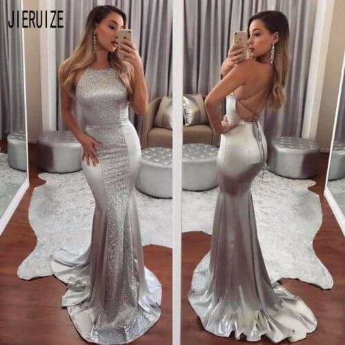 JIERUIZE Shiny Mermaid Evening Dresses Halter Neck Criss-Cross Back Silver Prom Dresses Formal Party Gowns vestidos de fiesta