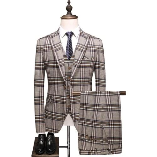 Brand Khaki Suits Men 2021 Classic Check Fashion Casual 3 Piece Suit for Wedding Dress Groom Prom Suits