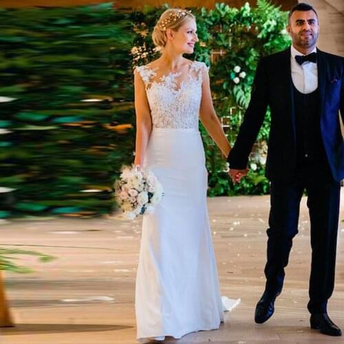 Eightale Boho Wedding Dresses O-Neck Appliques Lace Elegant Wedding Gowns Mermaid Chiffon Buttons Backless Bridal Gown