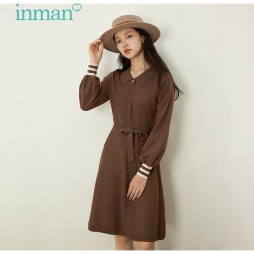 INMAN Womens Dress Autumn Winter Retro Casual Style Bandge Design Pointed Collar Color Contrast Cuffs Camel One-piece