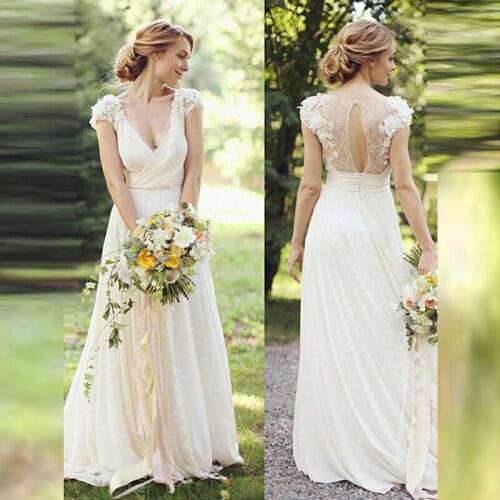 Graceful Garden On Sale Lace Short Sleeve Bridal Wedding Dresses Keyhole Back Deep V Neckline Wedding Gowns for Bride Pleating