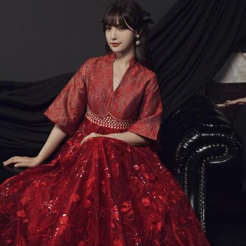 Chinese Cheongsam Dress Robe Vietnam Ao Dai style gown Dress Chinese elegant embroidered Lotus Qipao long Modern Cheongsam