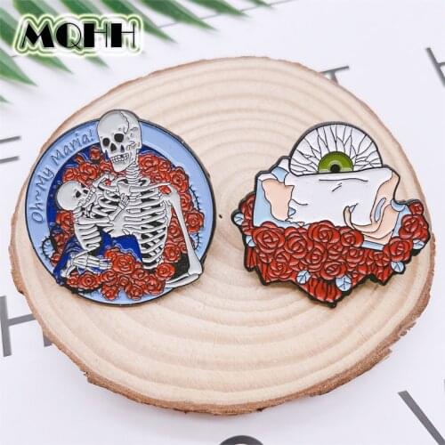 Creative Punk Flowers Skeleton Skeleton Enamel Pins Roses Eyes Brooches Alloy Badges Clothes Bags Accessories Women Jewelry Gift