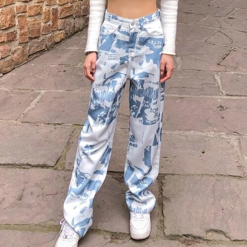 Cool Hip Hop Dance Wear Womens Casual Straight Leg Trousers Fashion Irregular Printing High-waist Loose Long Pants