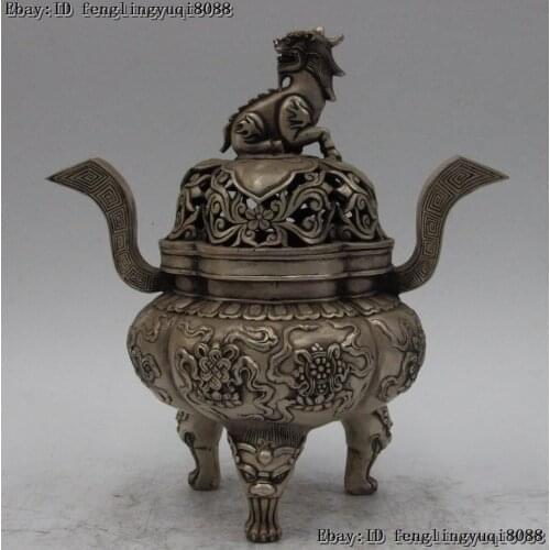 10" White Bronze Silver Gilt Eight Treasures Foo Dog Lion Incense Burner Censer