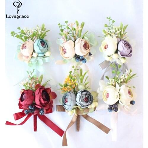 Mini Silk Roses Men Groom Boutonnieres Wedding Bridal Sisters Wrist Corsage White Blue Corsages Flower Marriage Suit Accessories