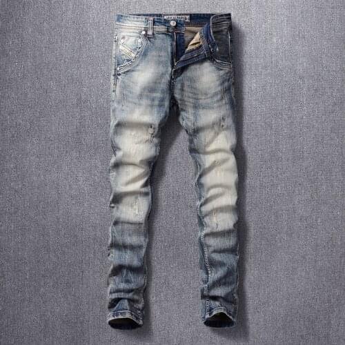 Italian Style Fashion Men Jeans High Quality Retro Blue Slim Ripped Denim Cotton Long Trousers Classical Vintage Designer Pants