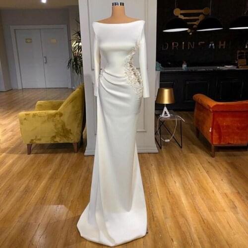 New Long Sleeve White Prom Dress 2020 Applique Beaded Satin Evening Gown Draped Woman Mix Couture Wedding Party Dress
