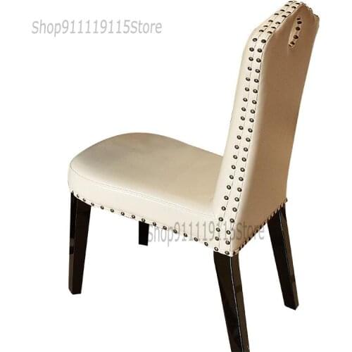New Classical Post Modern White Leather Dining Chair Rivet High Back Solid Wood Dining Room Chair Model Room Furniture Customiza