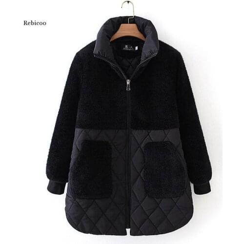 Faux Mink Fur Splice Thick Padded Jacket Winter Women Plus Size Warm Wadded Coat Down Cotton Parka Black Female