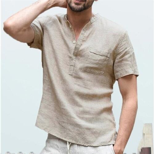 New Mens Casual Shirt Summer V Neck Button Pullover Short Sleeves Casual Breathable Thin Solid Male Male Shirts