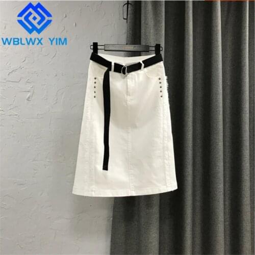2021 Spring Denim Skirt Women Pocket Beaded Fashion Lace Spliced Midi length Jeans Skirts Female High waist Package Hip Skirts