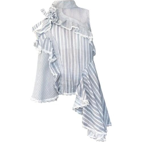 2020 turn-down collar sleeveless striped ruffles patchwork straps lace irruglar shirt female top U424