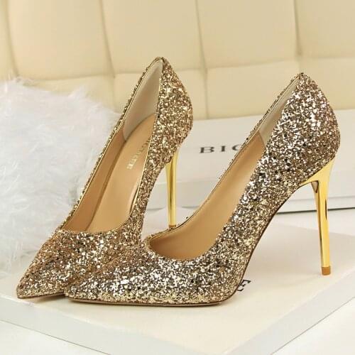 2020 Women 9.5cm High Heels Plus Size 43 Stripper Glitter Scarpins Luxury Pumps Stiletto Wedding Bridal Gold Silver Fetish Shoes