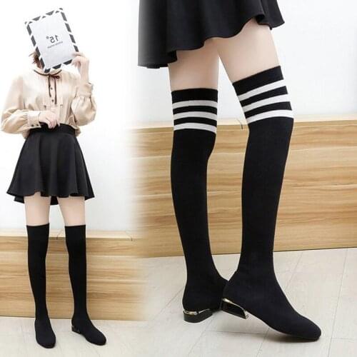 Women striped thigh high boots stretch knitting over the knee booties metal heel cuissarde femme long slim sock botas mujer 2020