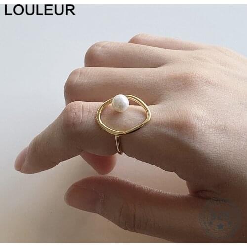 LouLeur Womens 925 Sterling Silver Pearl Rings Elegant Stylish Sample Gold Geometric Ring for Women Fashion luxury Jewelry Gift
