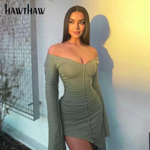 Hawthaw Women Autumn Winter Long Sleeve Soild Color Green Patchwork Bodycon Mini Short Dress 2020 Female Clothing Streerwear