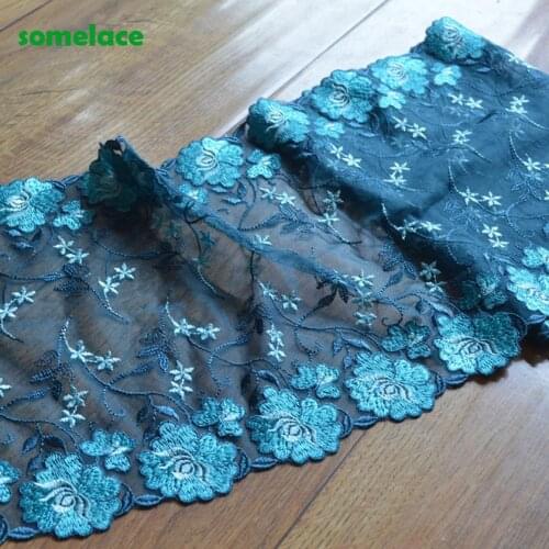 1Yd 21cm Wide Blue Gauze Fluorescent Blue Mirror Floral Embroidery High Quality Lace Trim For Garments, Wedding Decoration204112