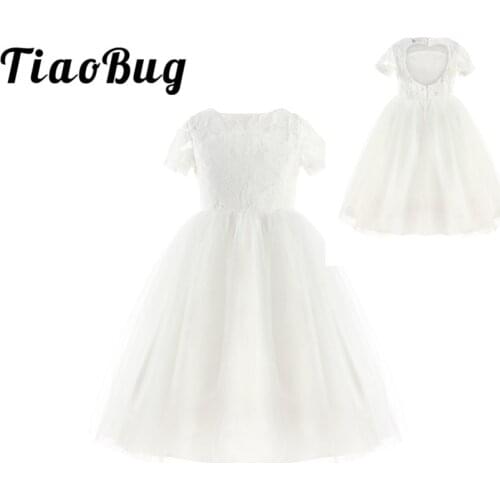 TiaoBug White Flower Girl Dresses Back Hollow Heart Shape First Communion Lace Dresses For Girls Princess Pageant Party Dress