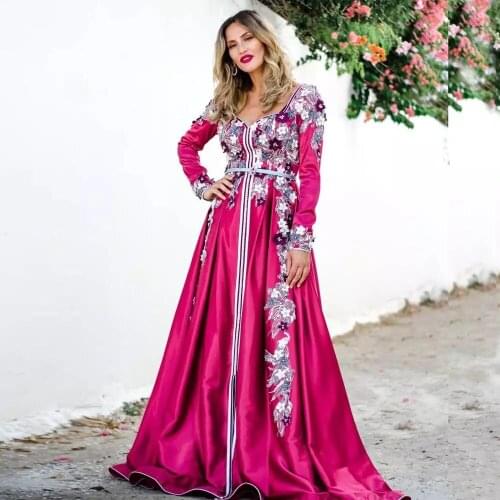 Fuchsia Moroccan Kaftan Caftan Muslim Evening Dresses A-line Long Sleeves Appliques Pearl Dubai Arabic Turkey Abaya Islamic Gown