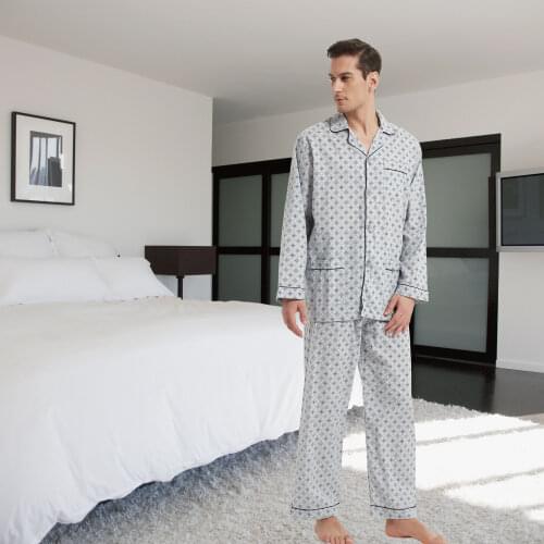 Global pajamas mens shirt with buttons cotton pants with pockets and turndown collar