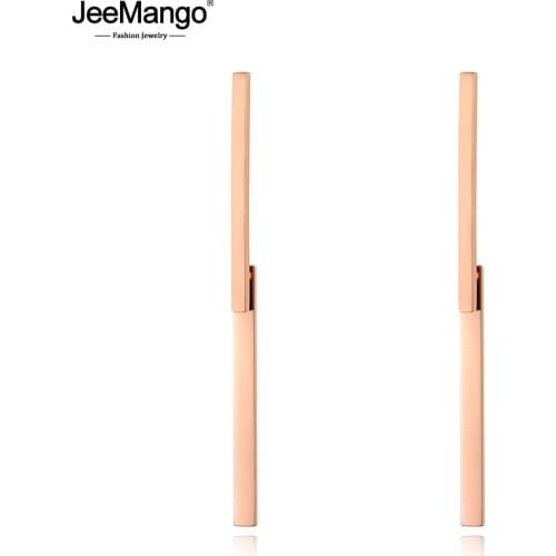 JeeMango Creative Stainless Steel Geometric Double Long Strip Earrings Jewelry Rose Gold Chain & Link Women Earrings JE19120