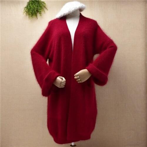 Ladies women fashion christmas red hairy angora rabbit hair knitwear long flare sleeves loose long sweater cardigans jacket coat