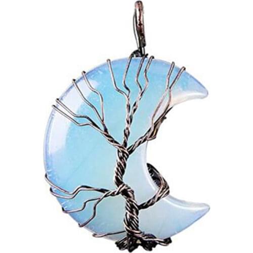 KFT Antique Copper Wire Wrapped Tree of Life Crescent Moon Healing Crystal Quartz Amethysts Stone Pendant Rock Crystal Jewelry