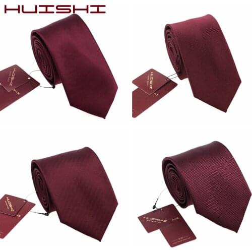 HUISHI Fashion Wine Red Solid Stripe Check Skinny Tie 100% Waterproof Necktie 6cm Tie For Men Formal Business Wedding Party Gift
