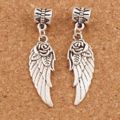 Zinc Alloy Angel Wing w/ Rose Charm Beads Fit European Bracelets Jewelry DIY B1625 16pcs 40.9x10.7mm