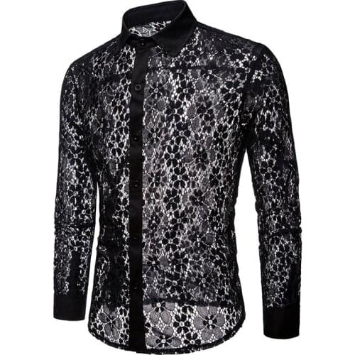 Luxury Floral Embroidery Lace Shirt Men 2019 Brand New Transparent Sexy Dress Shirts Mens See Trough Club Party Black Shirt Male