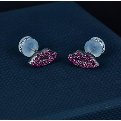SLJELY Fashion Real 925 Sterling Silver Sexy Red Pink Lips Stud Earrings Pave Full Zirconia Stones Women Fine Party Jewelry Gift