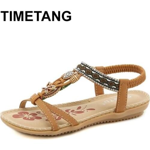 TIMETANG2021 New Flat Sandals Women Flowers Printed Sandals Ladies Soft Fashion Platform String Bead Summer Beach Shoes