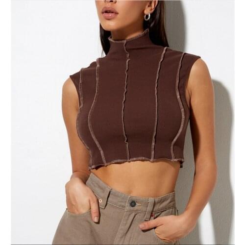 Womens Summer Patchwork Tank Tops Fashion Sleeveless Mock Neck Contrast Stitch Rib Knit Crop Tops Black/Green/Brown