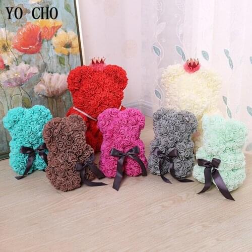 YO CHO Hot 25cm Foam Roses Bear New Year Valentines day Gift PE Rose Bear Artificial Flowers Ribbon Bear Wedding Decor With Box