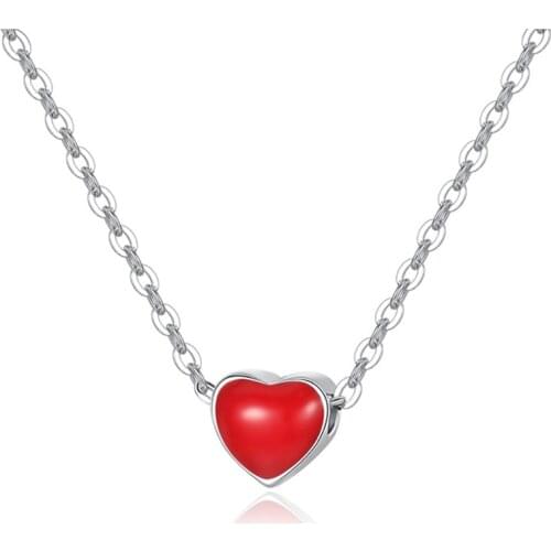 ZEMIOR Real 925 Sterling Silver Necklace For Women Red Enamel Heart Pendant Necklaces Romantic Anniversary Jewelry Accessories