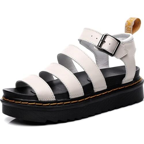 2021 Summer Shoes Woman Flat Platform Sandals Buckle Genuine Leather Gladiator Wedges Sandals Women Shoes Black White Plus Size
