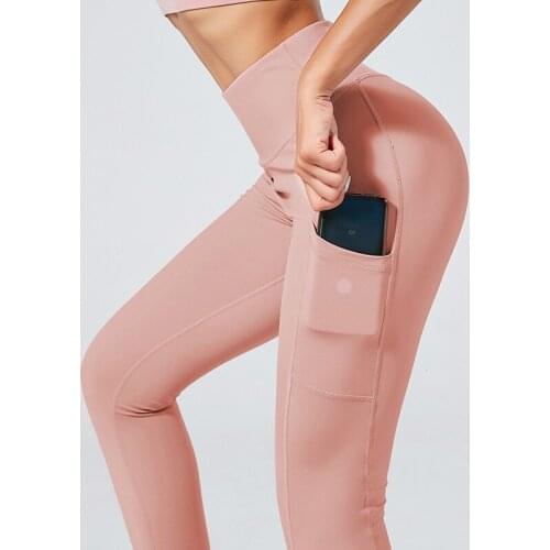 Sport Fitness Pants Women Solid High Waisted Gym Running Tights Stretchy Yoga Pants Nine Part Pocket Motion Yoga Pants Woman
