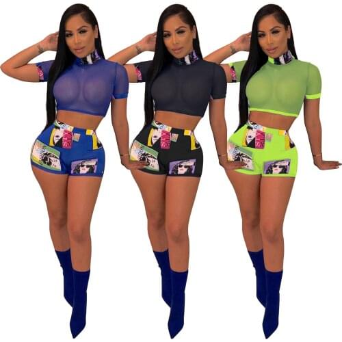 S-3XL summer women clothing 2021 fashion shorts outfit sexy club Printed mesh casual two piece set Wholesale Dropshipping