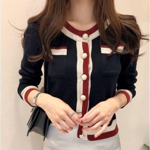 Womens Knitted Cardigan Contrast Color Round Collar Long Sleeves Pocket Decoration Top Wholesale 2021 New Elegant Lady Clothing