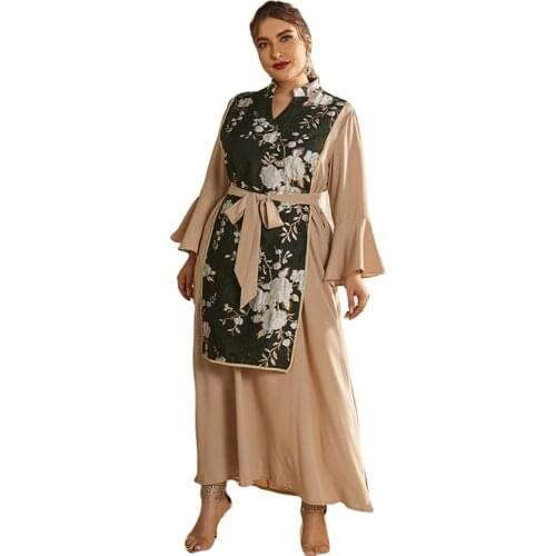 Spring Autumn Long Dress Muslim Women Embroidery Dubai Abaya Long Sleeve Large Plus Size Pleated Ankle-Length Dress