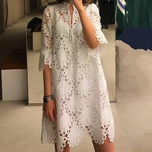 V-Neck Summer Hollow Out Women Dresses White Color Half Sleeves Good Quality Runway Show Dress Vestidos Clothing