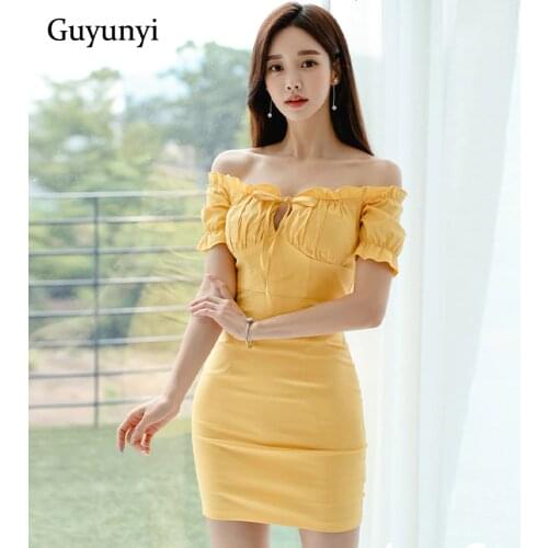 Yellow Korean Version High Street Dress 2020 Summer Elegant Folds Slash Neck Off The Shoulder High Waist Tight Dress Women
