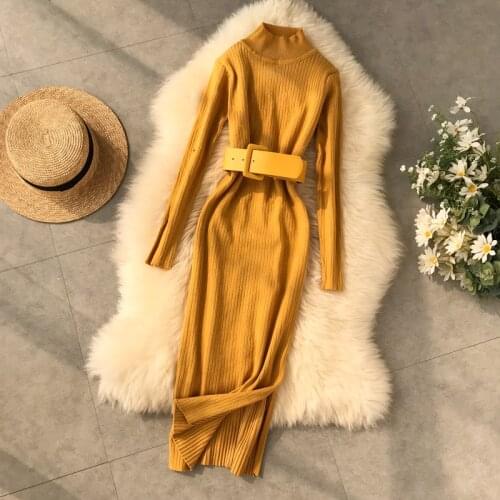 Women Split Hem Turtleneck Sweater Dress Novel Autumn Winter Long Sleeve Casual Woman Dress Sexy Midi Bodycon Dresses With Belt