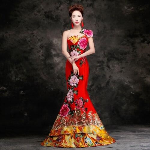3D Flower Appliques Qipao Sexy One Shoulder Backless Cheongsam Mermaid Elegant Beads Evening Party Dress Red Bandage Vestidos